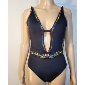 Soluna womens Swim Suit Small Black Plunge Bohemian One Piece Belted